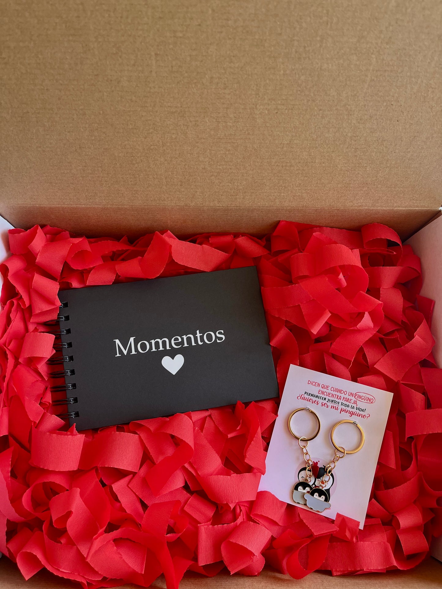 Box de Recuerdos Personalizada | Álbum + Llaveros de Pingüino para Parejas