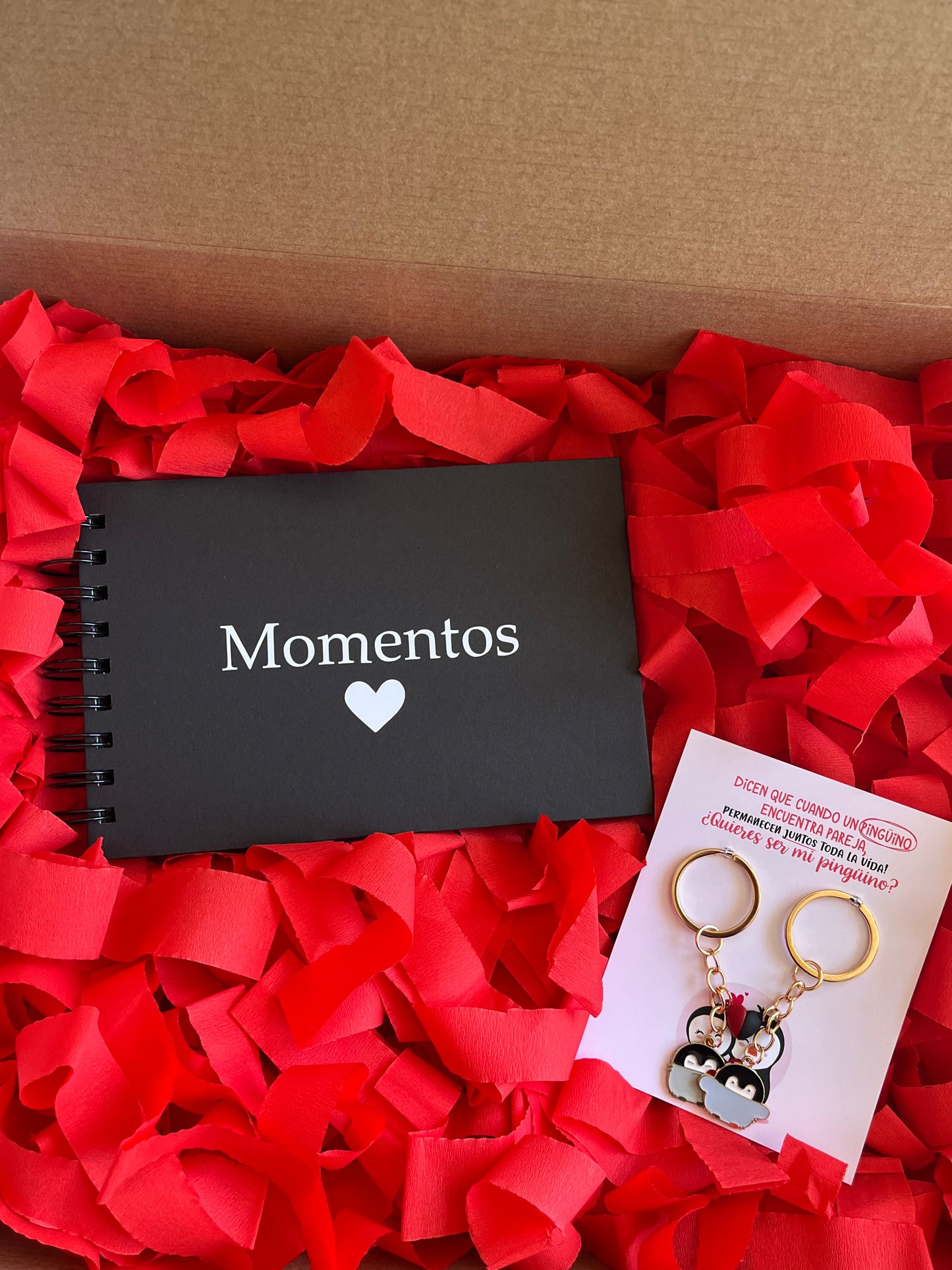 Box de Recuerdos Personalizada | Álbum + Llaveros de Pingüino para Parejas